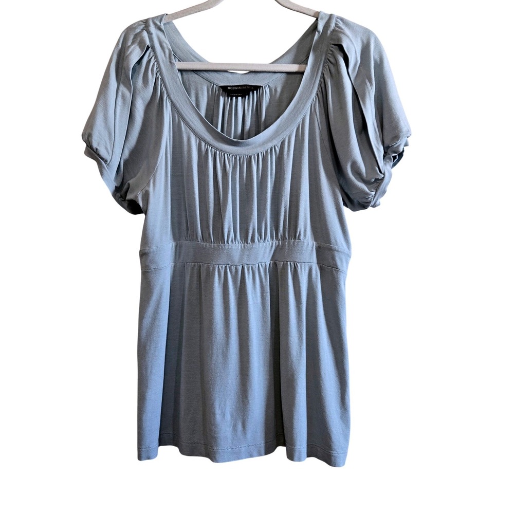 Designer BCBG MAX AZRIA Womens L Light Blue Empire Waist Puff Sleeve Knit Top